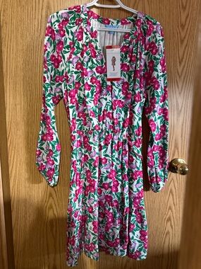 Draper James Pink Floral Midi Dress with Green Leaves